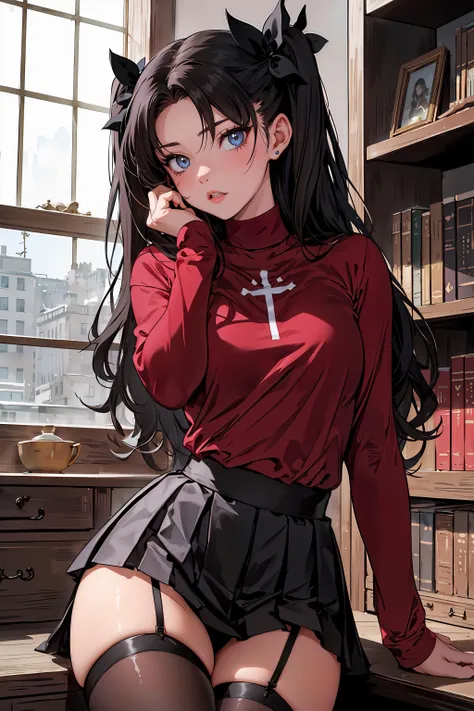 (masterpiece), 1girl, solo, perfect sexy female body, (sexy and seductive pose:1.3)
BREAK
professional photograph of a Victorian era library study complete with bookshelves full of books, beautiful window, perfect dark wooden floorboards
BREAK
rin_tohsaka, tohsaka rin, dark hair, long hair, black hair, two side up, twin-tails, <lora:EPfsnRin:0.8>, EPfsnRin, perfect lips
BREAK
sweater, long sleeves, red sweater
BREAK
thighhighs, garter straps, zettai ryouiki, (black pleated skirt)