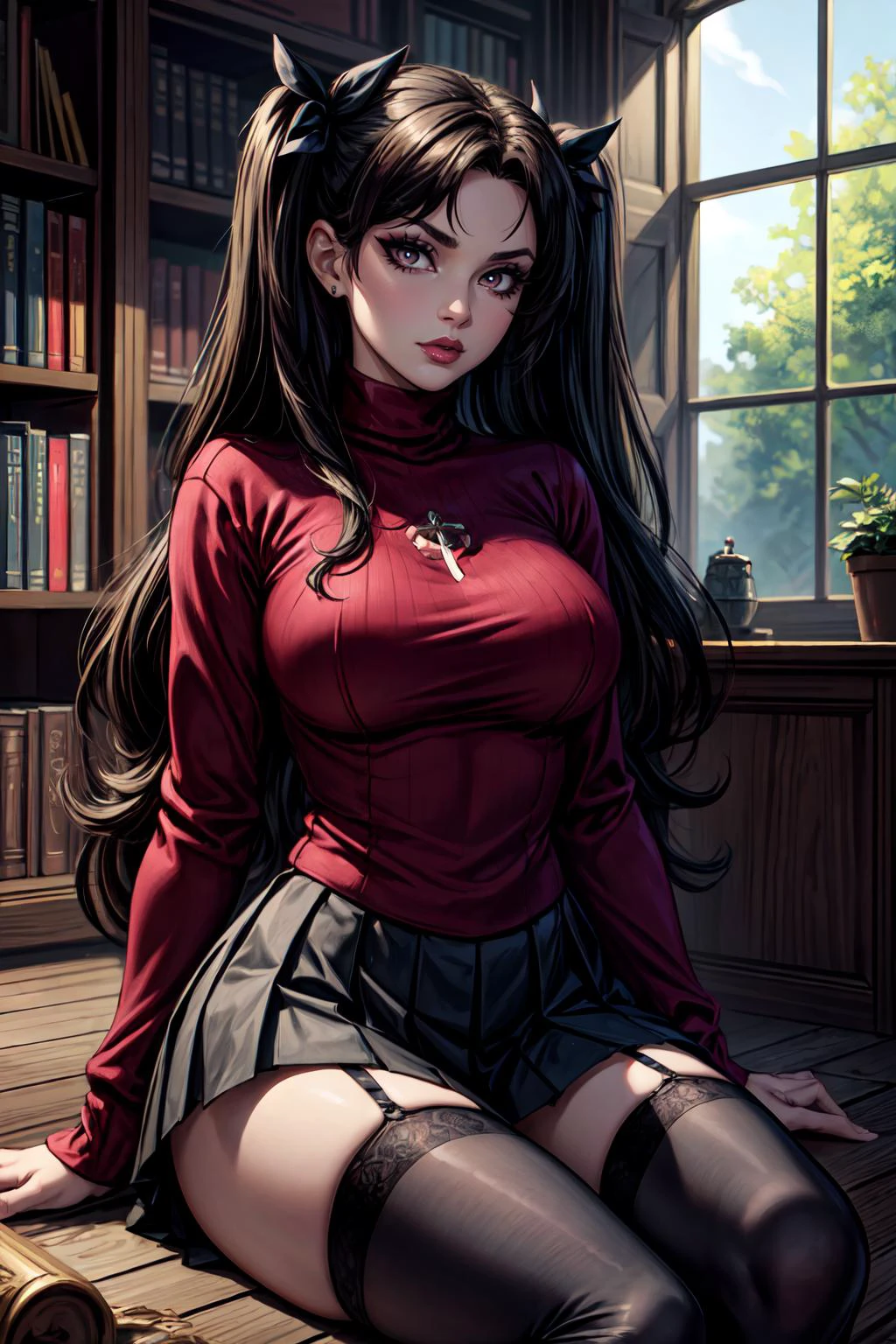 (masterpiece, 8k, 4k, extremely detailed, best quality, absurdres:1.4) nice hands, perfect hands, 1girl, mature, milf, huge tits, <lora:maid_dress:1> professional photograph of a Victorian era library study complete with bookshelves full of books, beautiful window, perfect dark wooden floorboards, rin_tohsaka, tohsaka rin, dark hair, long hair, black hair, two side up, twin-tails, <lora:EPfsnRin:lbw=all:step=5-25>, EPfsnRin, perfect lips, sweater, long sleeves, (red sweater:1.2), thighhighs, garter straps, zettai ryouiki, (black pleated skirt)