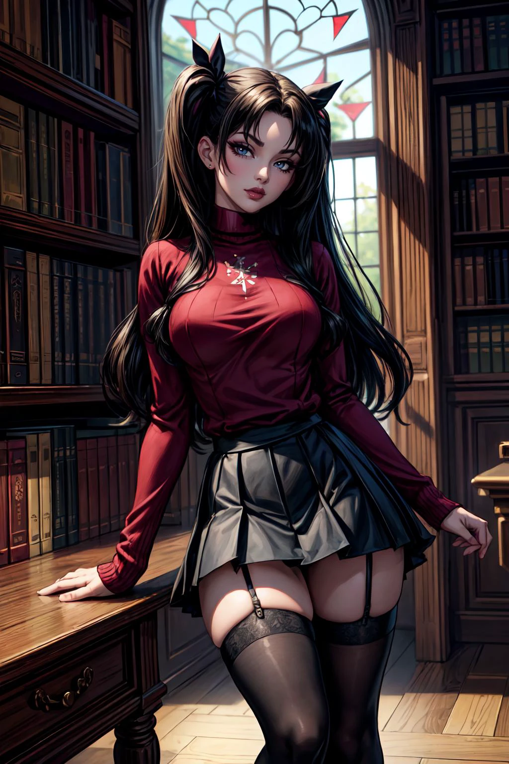 (masterpiece, 8k, 4k, extremely detailed, best quality, absurdres:1.4) nice hands, perfect hands, 1girl, mature, milf, huge tits, <lora:maid_dress:1> professional photograph of a Victorian era library study complete with bookshelves full of books, beautiful window, perfect dark wooden floorboards, rin_tohsaka, tohsaka rin, dark hair, long hair, black hair, two side up, twin-tails, <lora:EPfsnRin:lbw=all:step=5-25>, EPfsnRin, perfect lips, sweater, long sleeves, (red sweater:1.2), thighhighs, garter straps, zettai ryouiki, (black pleated skirt)