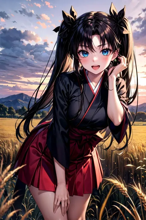 (masterpiece, best quality, detailed), 1girl, solo, looking at viewer, EPfsnRin, black hair, very long hair, twintails, two side up, bow,
(samurai), japanese armor, kusazuri, sode, kote, sheath, japanese clothes, hakama, outdoors, wheat, wheat field, sky, cloud, mountainous horizon, sunset, leaning forward, adjusting hair, hand in own hair, hand on own thigh, from above, smile, open mouth