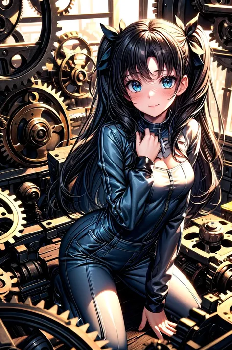 (masterpiece, best quality, detailed), 1girl, solo, looking at viewer, EPfsnRin, black hair, very long hair, twintails, two side up, bow,
(mechanic, orange jumpsuit), <lora:gearEntangle:0.5>, gear, machine, indoors, clock, chair, table, book stack, kneeling, hand on own chest, smile, embarrassed, closed mouth