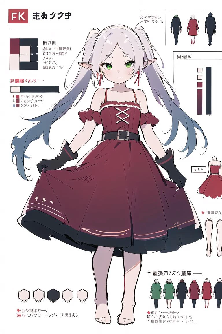 multiple views, pencil sketch, (sketch:1.25), (,small breasts,), ((no shoes)), shy, best quality, graphite \\(medium\\), ske, gradient, rainbow, note, Line draft, highres, absurdres, (ultra-detailed:1.1), (illustration:1.1), (infographic:1.2), pajamas, (all clothes configuration:1.15), (solo), perfectly drawn hands, standing, cohesive background, paper, action, (character design:1.1),
collarbone, dress, dress_lift, elbow_gloves,full_body, gloves, long_dress, (((red_dress))),
<lora:fll-v100:0.75:lbw=OUTALL>, fll, twintails, 1girl, pointy ears, round face, white hair, green eyes, elf, long hair, earrings,