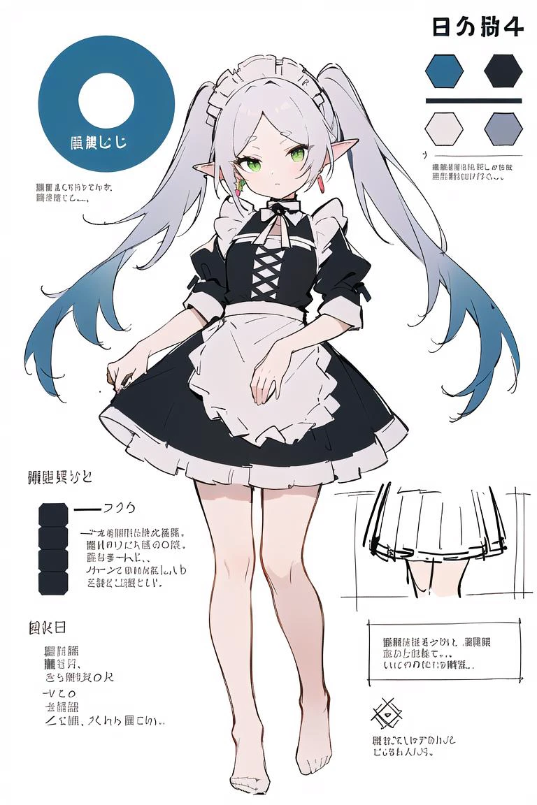 multiple views, pencil sketch, (sketch:1.25), (,small breasts,), ((no shoes)), shy, best quality, graphite \\(medium\\), ske, gradient, rainbow, note, Line draft, highres, absurdres, (ultra-detailed:1.1), (illustration:1.1), (infographic:1.2), pajamas, (all clothes configuration:1.15), (solo), perfectly drawn hands, standing, cohesive background, paper, action, (character design:1.1),
<lora:Maid Bikini (Anime+Realistic) Goofy Ai æè£
:1>, (Maid Bikini,maid headdress:1.2), (frills:1.2), alternate costume,
<lora:fll-v100:0.75:lbw=OUTALL>, fll, twintails, 1girl, pointy ears, round face, white hair, green eyes, elf, long hair, earrings,