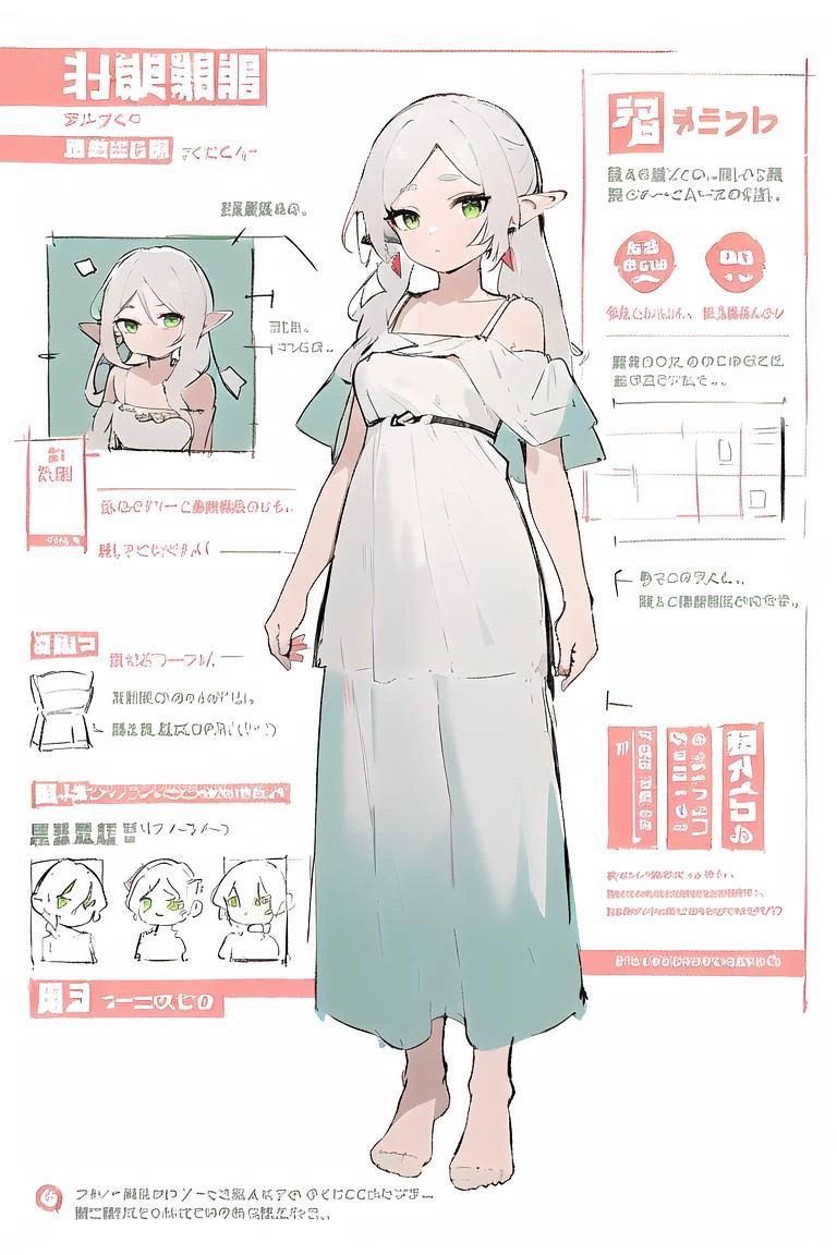 multiple views, pencil sketch, (sketch:1.25), (,small breasts,), ((no shoes)), shy, best quality, graphite \\(medium\\), ske, gradient, rainbow, note, Line draft, highres, absurdres, (ultra-detailed:1.1), (illustration:1.1), (infographic:1.2), pajamas, (all clothes configuration:1.15), (solo), perfectly drawn hands, standing, cohesive background, paper, action, (character design:1.1), 
<lora:[Lah] Pre-Wedding Dress Collection æè£ Wed_Collect:1>, type3, 
<lora:fll-v100:0.75:lbw=OUTALL>, fll, twintails, 1girl, pointy ears, round face, white hair, green eyes, elf, long hair, earrings,