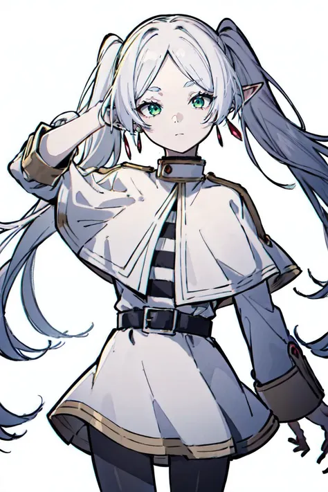 1girl, solo, best quality, masterpiece,  perfect anime illustration, ultra highres,  <lora:fll-v100:1:1:lbw=Character>, fll, twintails, pointy ears, white hair, green eyes, elf, pantyhose, long hair, earrings, black pantyhose, white capelet,<lora:animeoutlineV4_16:0.7:0.7:lbw=Style>,  (white outline), small breast, looking at viewer, white background, (intricate_detail)