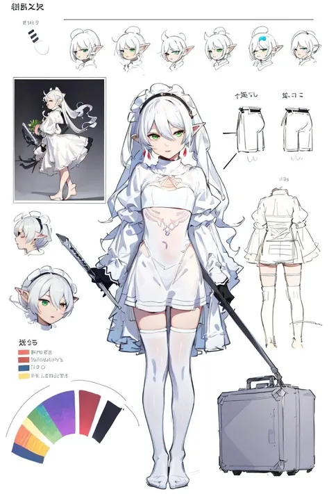 multiple views, pencil sketch, (sketch:1.25), (,small breasts,), ((no shoes)), shy, best quality, graphite \\(medium\\), ske, gradient, rainbow, note, Line draft, highres, absurdres, (ultra-detailed:1.1), (illustration:1.1), (infographic:1.2), pajamas, (all clothes configuration:1.15), (solo), perfectly drawn hands, standing, cohesive background, paper, action, (character design:1.1),
<lora:2b whit:0.9:lbw=MIDD>, 2b white, white dress,
<lora:fll-v100:0.75:lbw=OUTALL>, fll, twintails, 1girl, pointy ears, round face, white hair, green eyes, elf, long hair, earrings,