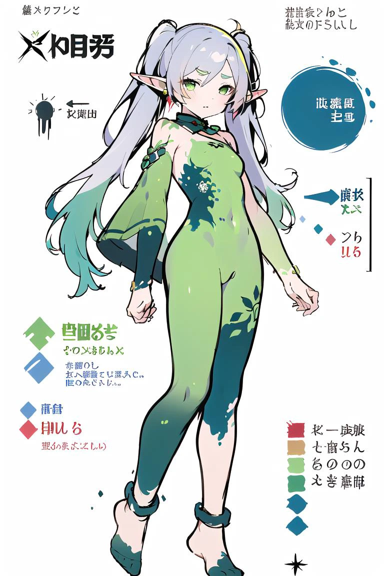 multiple views, pencil sketch, (sketch:1.25), (,small breasts,), ((no shoes)), shy, best quality, graphite \\(medium\\), ske, gradient, rainbow, note, Line draft, highres, absurdres, (ultra-detailed:1.1), (illustration:1.1), (infographic:1.2), pajamas, (all clothes configuration:1.15), (solo), perfectly drawn hands, standing, cohesive background, paper, action, (character design:1.1), 
<lora:[Concept]BodyPaint æè£ äººä½å½©ç»:1>, (bodypaint:1.1), nude,
<lora:fll-v100:0.75:lbw=OUTALL>, fll, twintails, 1girl, pointy ears, round face, white hair, green eyes, elf, long hair, earrings,