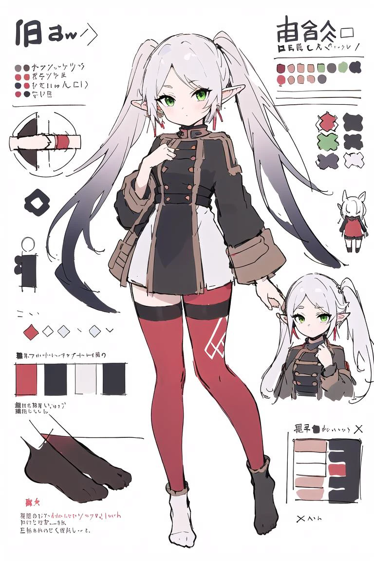 multiple views, pencil sketch, (sketch:1.25), (,small breasts,), ((no shoes)), shy, best quality, graphite \\(medium\\), ske, gradient, rainbow, note, Line draft, highres, absurdres, (ultra-detailed:1.1), (illustration:1.1), (infographic:1.2), pajamas, (all clothes configuration:1.15), (solo), perfectly drawn hands, standing, cohesive background, paper, action, (character design:1.1), 
<lora:[Concept]OtherColored Legwears æè£:1:lbw=MIDD>,red legwear,red pantyhose, red thighhighs,
<lora:fll-v100:0.75:lbw=OUTALL>, fll, twintails, 1girl, pointy ears, round face, white hair, green eyes, elf, long hair, earrings,