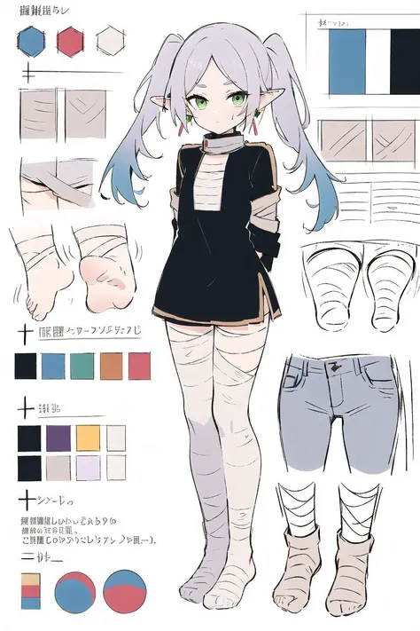 multiple views, pencil sketch, (sketch:1.25), (,small breasts,), ((no shoes)), shy, best quality, graphite \\(medium\\), ske, gradient, rainbow, note, Line draft, highres, absurdres, (ultra-detailed:1.1), (illustration:1.1), (infographic:1.2), pajamas, (all clothes configuration:1.15), (solo), perfectly drawn hands, standing, cohesive background, paper, action, (character design:1.1),
<lora:ConceptããCostumeãMummy Bondage æ¨ä¹ä¼ææ æè£
:1>,mummification \(bound\),bandages,arms behind back
<lora:fll-v100:0.75:lbw=OUTALL>, fll, twintails, 1girl, pointy ears, round face, white hair, green eyes, elf, long hair, earrings,