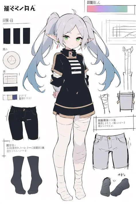 multiple views, pencil sketch, (sketch:1.25), (,small breasts,), ((no shoes)), shy, best quality, graphite \\(medium\\), ske, gradient, rainbow, note, Line draft, highres, absurdres, (ultra-detailed:1.1), (illustration:1.1), (infographic:1.2), pajamas, (all clothes configuration:1.15), (solo), perfectly drawn hands, standing, cohesive background, paper, action, (character design:1.1),
<lora:ConceptããCostumeãMummy Bondage æ¨ä¹ä¼ææ æè£
:1>,mummification \(bound\),bandages,arms behind back
<lora:fll-v100:0.75:lbw=OUTALL>, fll, twintails, 1girl, pointy ears, round face, white hair, green eyes, elf, long hair, earrings,