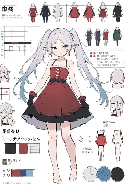 multiple views, pencil sketch, (sketch:1.25), (,small breasts,), ((no shoes)), shy, best quality, graphite \\(medium\\), ske, gradient, rainbow, note, Line draft, highres, absurdres, (ultra-detailed:1.1), (illustration:1.1), (infographic:1.2), pajamas, (all clothes configuration:1.15), (solo), perfectly drawn hands, standing, cohesive background, paper, action, (character design:1.1),
collarbone, dress, dress_lift, elbow_gloves,full_body, gloves, long_dress, (((red_dress))),
<lora:fll-v100:0.75:lbw=OUTALL>, fll, twintails, 1girl, pointy ears, round face, white hair, green eyes, elf, long hair, earrings,