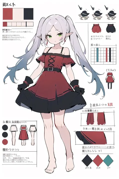 multiple views, pencil sketch, (sketch:1.25), (,small breasts,), ((no shoes)), shy, best quality, graphite \\(medium\\), ske, gradient, rainbow, note, Line draft, highres, absurdres, (ultra-detailed:1.1), (illustration:1.1), (infographic:1.2), pajamas, (all clothes configuration:1.15), (solo), perfectly drawn hands, standing, cohesive background, paper, action, (character design:1.1),
collarbone, dress, dress_lift, elbow_gloves,full_body, gloves, long_dress, (((red_dress))),
<lora:fll-v100:0.75:lbw=OUTALL>, fll, twintails, 1girl, pointy ears, round face, white hair, green eyes, elf, long hair, earrings,