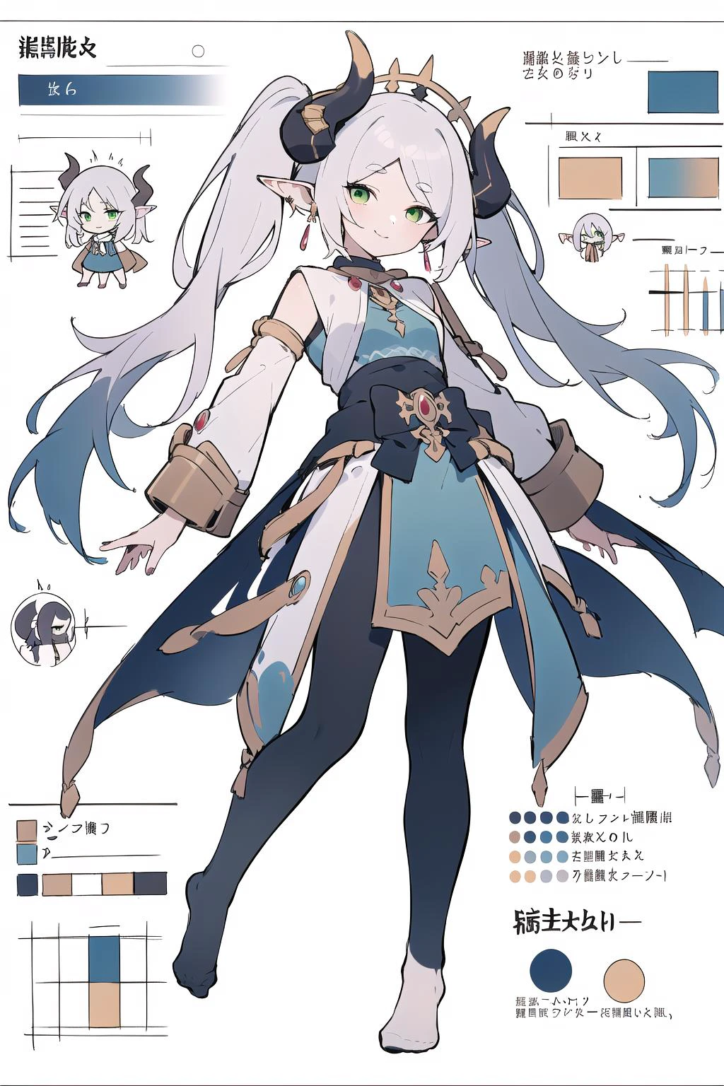 multiple views, pencil sketch, (sketch:1.25), (,small breasts,), ((no shoes)), shy, best quality, graphite \\(medium\\), ske, gradient, rainbow, note, Line draft, highres, absurdres, (ultra-detailed:1.1), (illustration:1.1), (infographic:1.2), pajamas, (all clothes configuration:1.15), (solo), perfectly drawn hands, standing, cohesive background, paper, action, (character design:1.1),
<lora:fll-v100:0.75:lbw=OUTALL>, fll, twintails, 1girl, pointy ears, round face, white hair, green eyes, elf, pantyhose, long hair, earrings,
<lora:(v2)nilou-000004:0.55>, nilou, 1girl, breasts, solo, smile, jewelry, horns,
