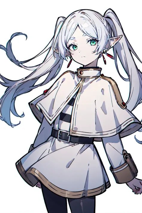 1girl, solo, best quality, masterpiece,  perfect anime illustration, ultra highres,  <lora:fll-v100:1:1:lbw=Character>, fll, twintails, pointy ears, white hair, green eyes, elf, pantyhose, long hair, earrings, black pantyhose, white capelet,<lora:animeoutlineV4_16:0.7:0.7:lbw=Style>,  (white outline), small breast, looking at viewer, white background, (intricate_detail)