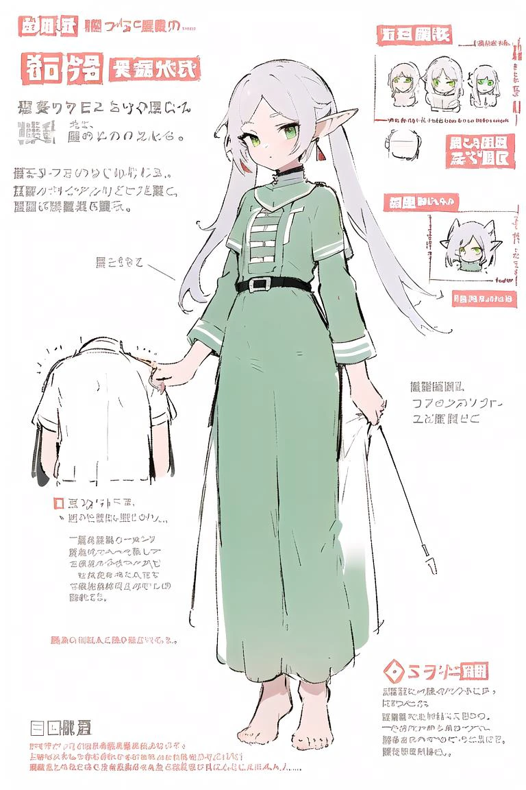 multiple views, pencil sketch, (sketch:1.25), (,small breasts,), ((no shoes)), shy, best quality, graphite \\(medium\\), ske, gradient, rainbow, note, Line draft, highres, absurdres, (ultra-detailed:1.1), (illustration:1.1), (infographic:1.2), pajamas, (all clothes configuration:1.15), (solo), perfectly drawn hands, standing, cohesive background, paper, action, (character design:1.1), 
<lora:[Lah] Pre-Wedding Dress Collection æè£ Wed_Collect:1>, type0, 
<lora:fll-v100:0.75:lbw=OUTALL>, fll, twintails, 1girl, pointy ears, round face, white hair, green eyes, elf, long hair, earrings,