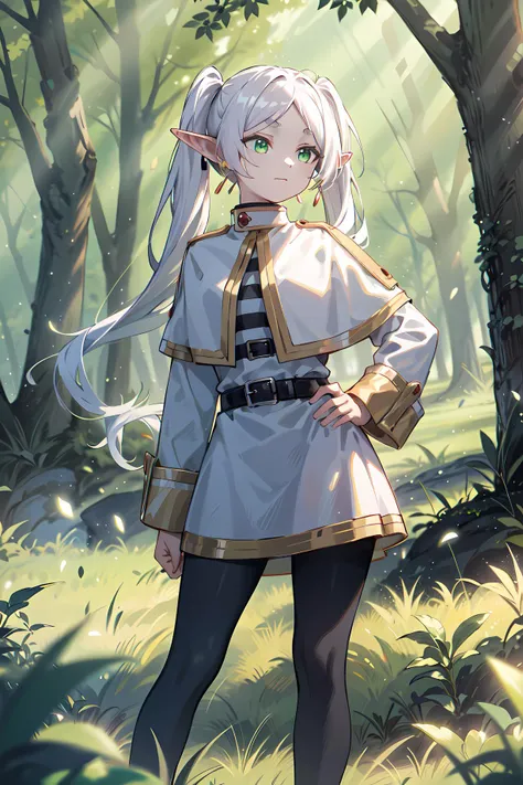 <lyco:frieren_v1:0.7>,fll, twintails, 1girl, pointy ears, round face,white hair, green eyes, elf, pantyhose, long hair, earrings, black pantyhose, long sleeves, nature,grasslands,Standing with one hand on the hip, looking confident