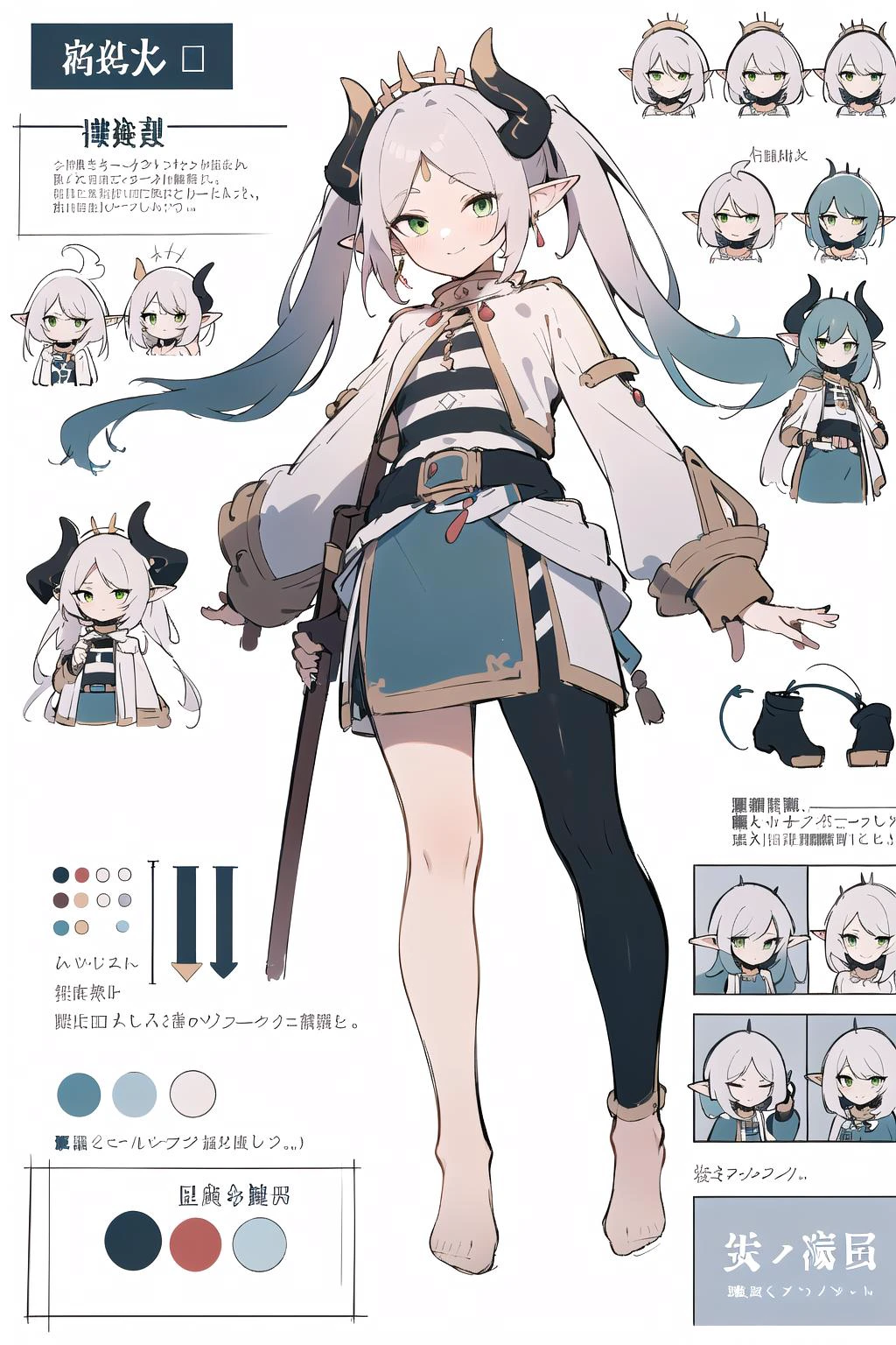 multiple views, pencil sketch, (sketch:1.25), (,small breasts,), ((no shoes)), shy, best quality, graphite \\(medium\\), ske, gradient, rainbow, note, Line draft, highres, absurdres, (ultra-detailed:1.1), (illustration:1.1), (infographic:1.2), pajamas, (all clothes configuration:1.15), (solo), perfectly drawn hands, standing, cohesive background, paper, action, (character design:1.1),
<lora:fll-v100:0.75:lbw=OUTALL>, fll, twintails, 1girl, pointy ears, round face, white hair, green eyes, elf, pantyhose, long hair, earrings,
<lora:(v2)nilou-000004:0.55>, nilou, 1girl, breasts, solo, smile, jewelry, horns,