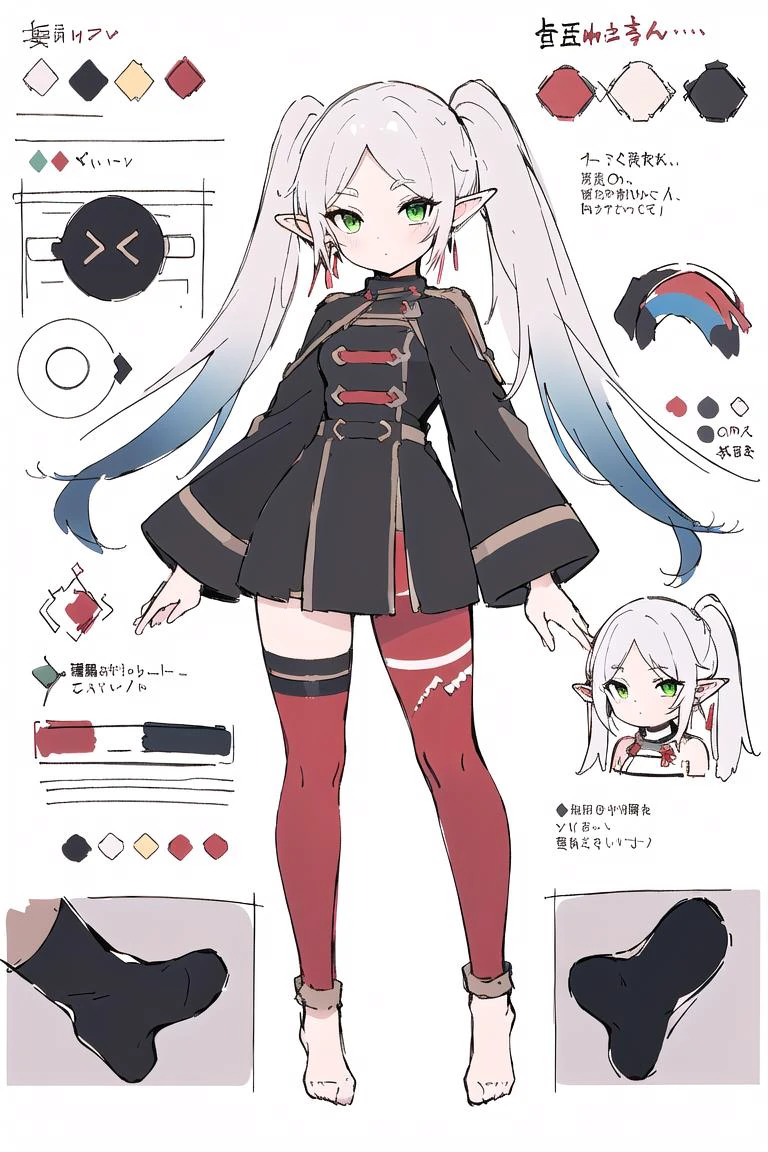 multiple views, pencil sketch, (sketch:1.25), (,small breasts,), ((no shoes)), shy, best quality, graphite \\(medium\\), ske, gradient, rainbow, note, Line draft, highres, absurdres, (ultra-detailed:1.1), (illustration:1.1), (infographic:1.2), pajamas, (all clothes configuration:1.15), (solo), perfectly drawn hands, standing, cohesive background, paper, action, (character design:1.1), 
<lora:[Concept]OtherColored Legwears æè£:1:lbw=MIDD>,red legwear,red pantyhose, red thighhighs,
<lora:fll-v100:0.75:lbw=OUTALL>, fll, twintails, 1girl, pointy ears, round face, white hair, green eyes, elf, long hair, earrings,