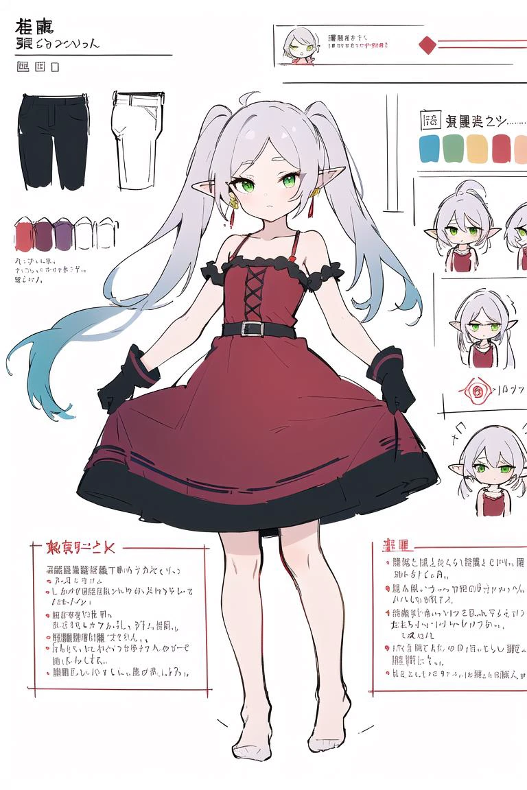 multiple views, pencil sketch, (sketch:1.25), (,small breasts,), ((no shoes)), shy, best quality, graphite \\(medium\\), ske, gradient, rainbow, note, Line draft, highres, absurdres, (ultra-detailed:1.1), (illustration:1.1), (infographic:1.2), pajamas, (all clothes configuration:1.15), (solo), perfectly drawn hands, standing, cohesive background, paper, action, (character design:1.1),
collarbone, dress, dress_lift, elbow_gloves,full_body, gloves, long_dress, (((red_dress))),
<lora:fll-v100:0.75:lbw=OUTALL>, fll, twintails, 1girl, pointy ears, round face, white hair, green eyes, elf, long hair, earrings,