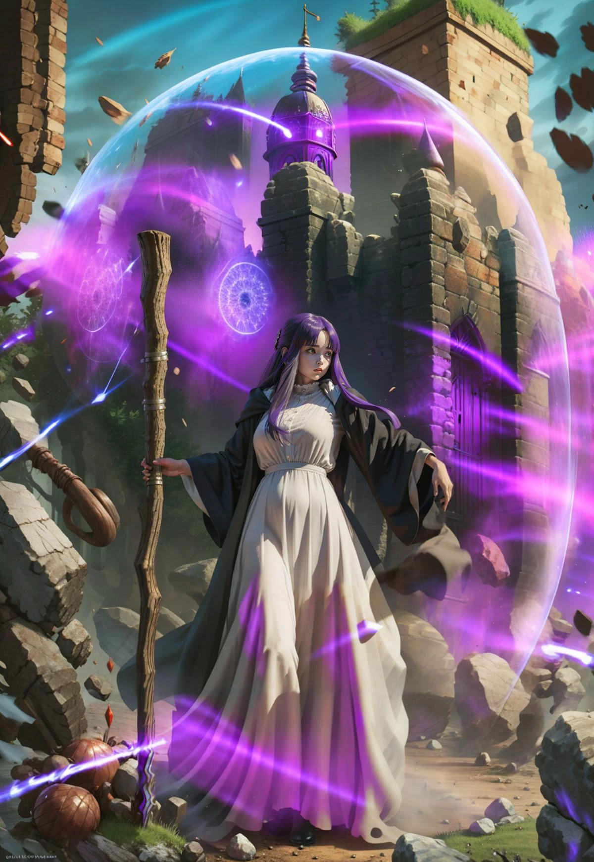 <lora:forcefield-10:0.85> forcefield, inside a dome, very long hair, purple eyes, (purple pupils), white dress, black robe, holding 1 magic staff, , 1 girl, , blocking attack <lora:feilun-v100-000024:0.8> fl, def clothe, raised one arm, palm