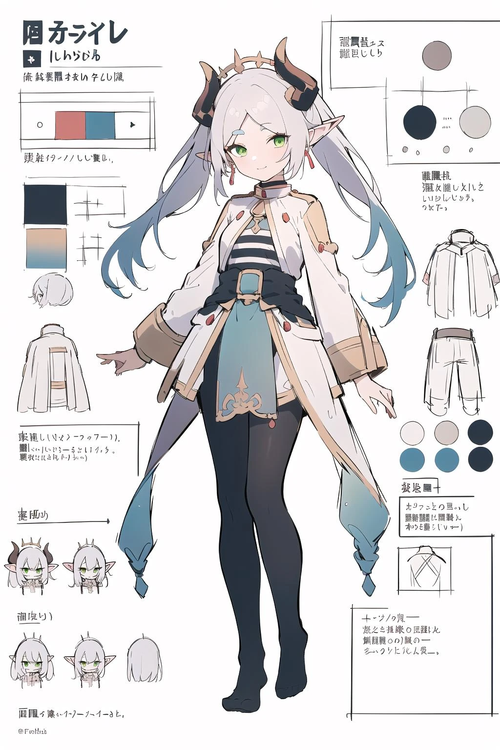 multiple views, pencil sketch, (sketch:1.25), (,small breasts,), ((no shoes)), shy, best quality, graphite \\(medium\\), ske, gradient, rainbow, note, Line draft, highres, absurdres, (ultra-detailed:1.1), (illustration:1.1), (infographic:1.2), pajamas, (all clothes configuration:1.15), (solo), perfectly drawn hands, standing, cohesive background, paper, action, (character design:1.1),
<lora:fll-v100:0.75:lbw=OUTALL>, fll, twintails, 1girl, pointy ears, round face, white hair, green eyes, elf, pantyhose, long hair, earrings,
<lora:(v2)nilou-000004:0.55>, nilou, 1girl, breasts, solo, smile, jewelry, horns,