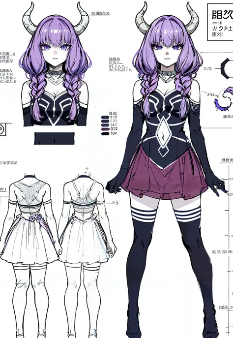multiple views, pencil sketch, (sketch:1.25), shy, best quality, graphite \\(medium\\), ske, gradient, rainbow, note, Line draft, highres, absurdres, (ultra-detailed:1.1), (illustration:1.1), (infographic:1.2), pajamas, (all clothes configuration:1.15), (solo), perfectly drawn hands, standing, cohesive background, paper, action, (character design:1.1),
<lora:awl-v100:0.85:lbw=OUTALL>, aura, 1girl, skirt, (black thighhighs:1.3), purple hair, horns, black gloves, navel,purple hemline,braid,
<lora:Anime Lineart ,Manga-like (线稿,ç·ç»,ãã³ã¬é¢¨,漫ç»é£) Style:0.4>, <lora:Sketchy - Style:0.2>,
(beautiful_face), ((intricate_detail)), (revealing clothes:1.2), clear face,
((finely_detailed)), fine_fabric_emphasis,
((glossy)),