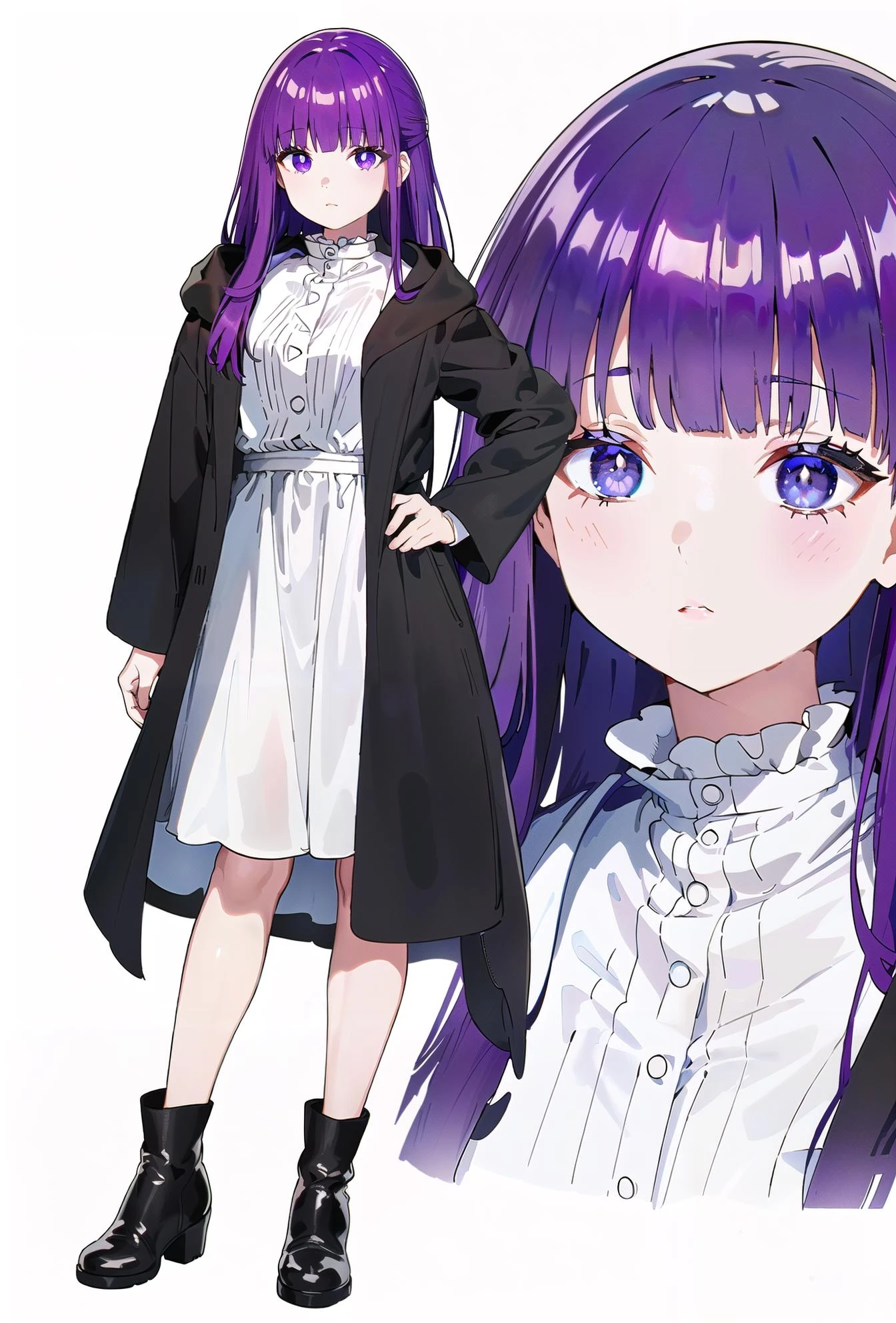 8k, best quality, masterpiece, (ultra-detailed:1.1), (high detailed skin),
(full body:1.4), white background, standing, looking at viewer, (solo:1.3), hand on hip,
<lora:feilun-v100-000024:0.9:lbw=OUTALL>, fl, def clothe, 1girl, long hair, purple hair, purple eyes,coat,black boots,
(white background, simple background:1.4),
<lora:EnvyBetterHands LoCon_beta2 è¾
å©:0.55>, ( good hands, nice hands:0.5),
(beautiful_face), ((intricate_detail)), clear face,
((finely_detailed)), fine_fabric_emphasis,
((glossy)), full_shot,