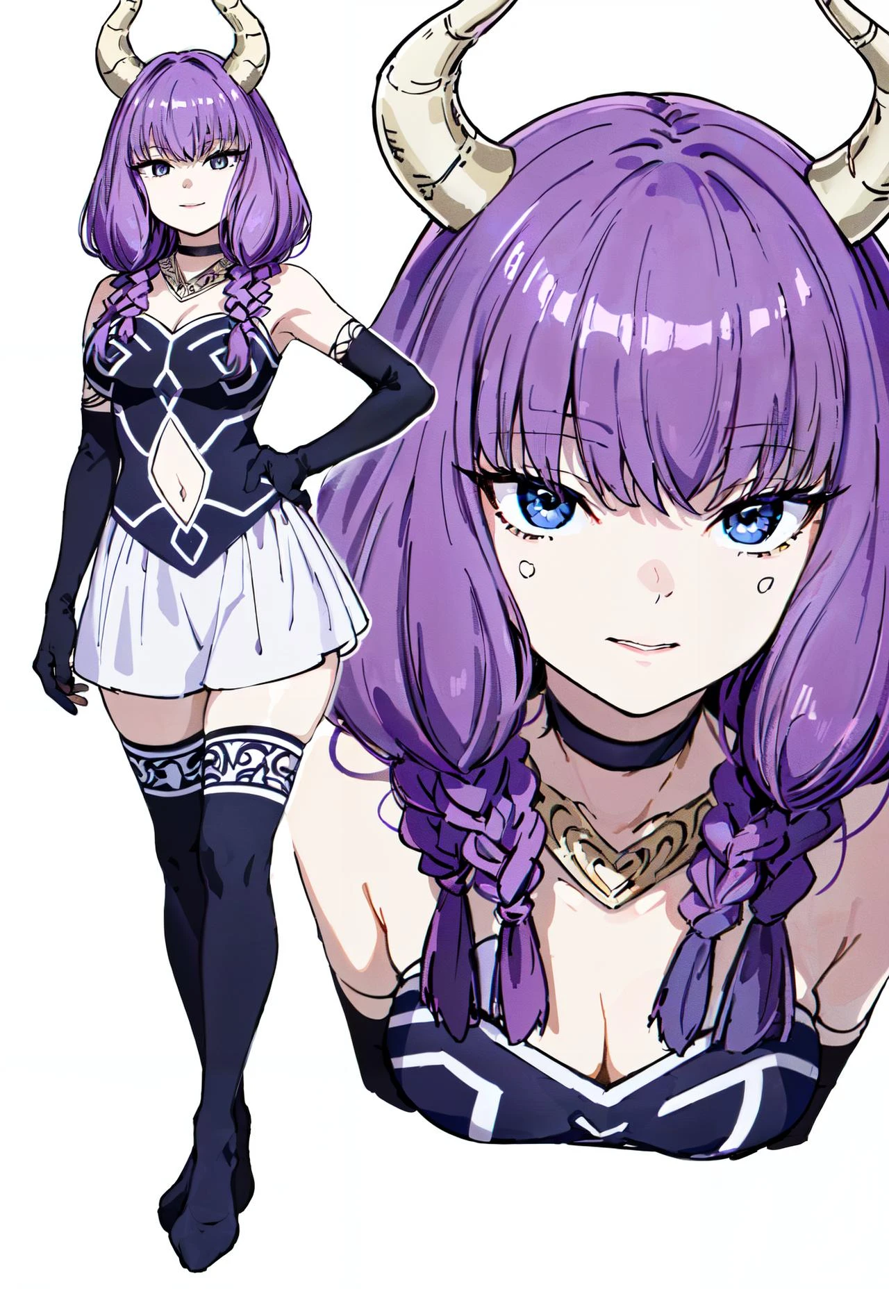 8k, best quality, masterpiece, (ultra-detailed:1.1), (high detailed skin),
(full body:1.4), white background, standing, looking at viewer, (solo:1.3), hand on hip,
<lora:awl-v100:0.85:lbw=OUTALL>, aura, 1girl, skirt, (black thighhighs:1.3), purple hair, horns, black gloves, navel,purple hemline,braid,
(white background, simple background:1.4),
<lora:EnvyBetterHands LoCon_beta2 è¾
å©:0.55>, ( good hands, nice hands:0.5),
(beautiful_face), ((intricate_detail)), clear face,
((finely_detailed)), fine_fabric_emphasis,
((glossy)), full_shot,