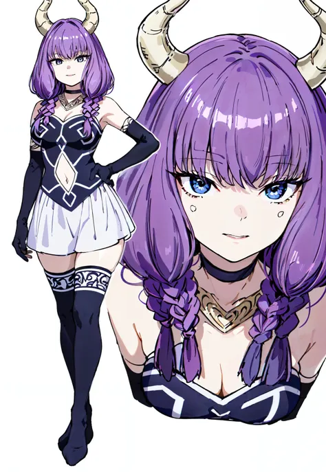 8k, best quality, masterpiece, (ultra-detailed:1.1), (high detailed skin),
(full body:1.4), white background, standing, looking at viewer, (solo:1.3), hand on hip,
<lora:awl-v100:0.85:lbw=OUTALL>, aura, 1girl, skirt, (black thighhighs:1.3), purple hair, horns, black gloves, navel,purple hemline,braid,
(white background, simple background:1.4),
<lora:EnvyBetterHands LoCon_beta2 è¾å©:0.55>, ( good hands, nice hands:0.5),
(beautiful_face), ((intricate_detail)), clear face,
((finely_detailed)), fine_fabric_emphasis,
((glossy)), full_shot,