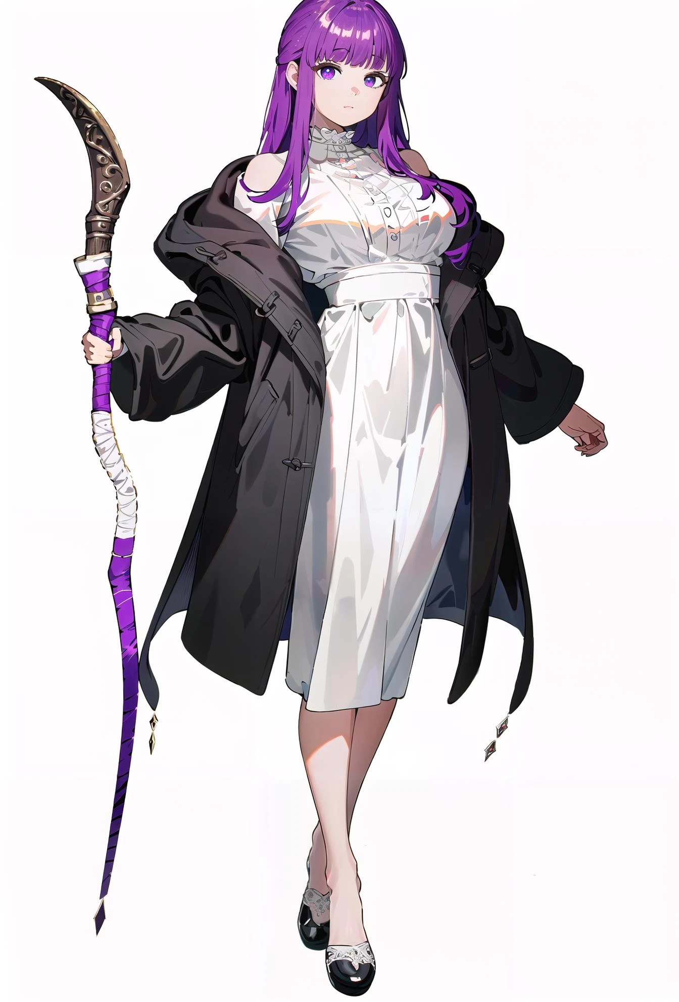 8k, best quality, masterpiece, (ultra-detailed:1.1), (high detailed skin),
(full body:1.5), white background, standing, looking at viewer, (solo:1.3),
<lora:feilun-v100:0.9:lbw=OUTALL>, fl, def clothe, 1girl, long hair, purple hair, purple eyes,coat,staff,
(white background, simple background:1.4),
<lora:EnvyBetterHands LoCon_beta2 è¾
å©:0.55>, ( good hands, nice hands:0.5),
(beautiful_face), ((intricate_detail)), clear face,
((finely_detailed)), fine_fabric_emphasis,
((glossy)), full_shot,