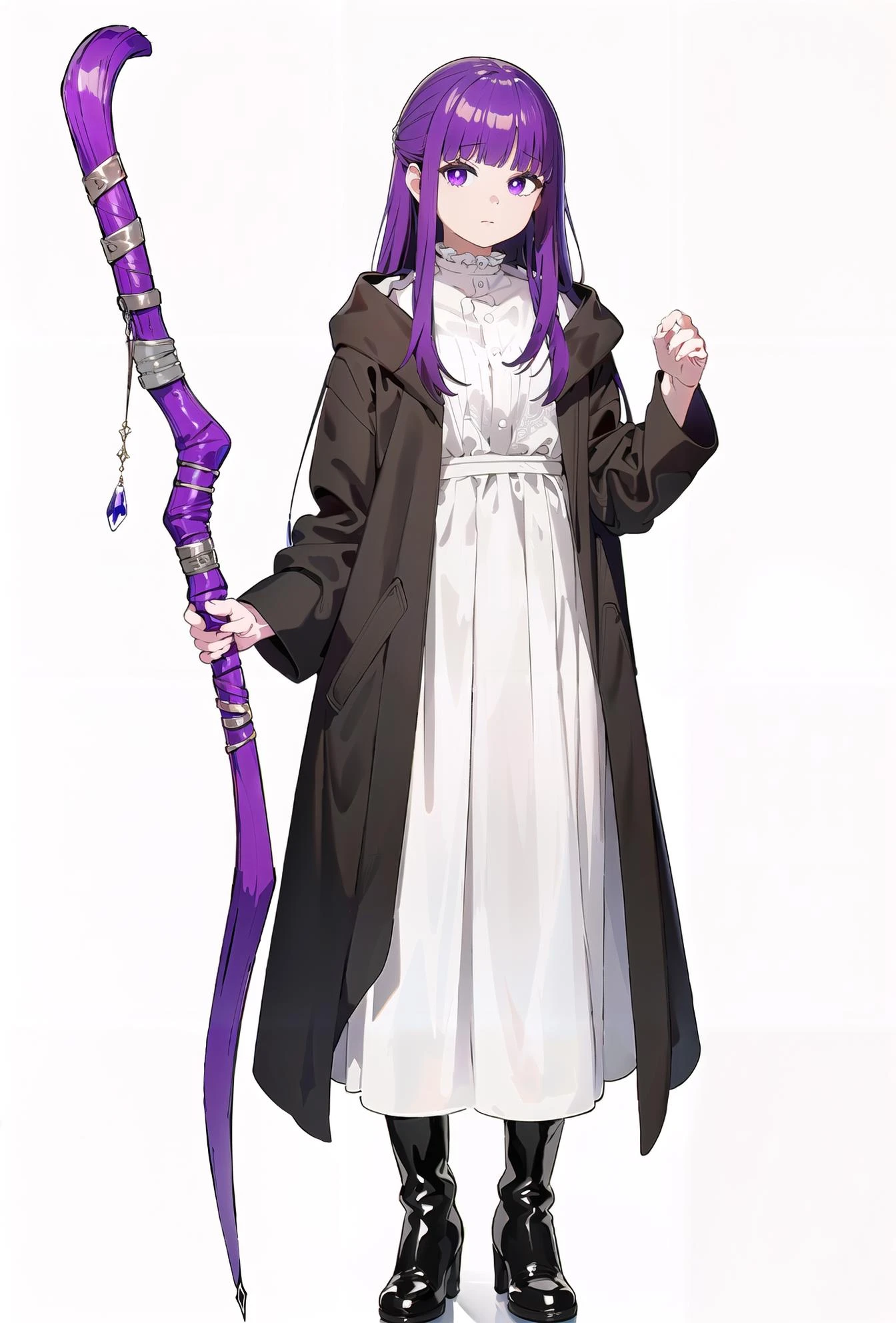 8k, best quality, masterpiece, (ultra-detailed:1.1), (high detailed skin),
(full body:1.5), white background, standing, looking at viewer, (solo:1.3),
<lora:feilun-v100-000024:0.9:lbw=OUTALL>, fl, def clothe, 1girl, long hair, purple hair, purple eyes,coat,staff, black boots,
(white background, simple background:1.4),
<lora:EnvyBetterHands LoCon_beta2 è¾
å©:0.55>, ( good hands, nice hands:0.5),
(beautiful_face), ((intricate_detail)), clear face,
((finely_detailed)), fine_fabric_emphasis,
((glossy)), full_shot,