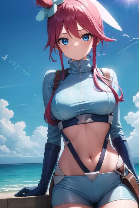 pokemonskyla, <lora:pokemonskyla-lora-nochekaiser:1>,
pokemonskyla, blue eyes, hair ornament, one side up, red hair, short hair with long locks, sidelocks,
BREAK blue footwear, blue gloves, blue jacket, blue shorts, boots, crop top, cropped jacket, gloves, jacket, midriff, navel, short shorts, shorts, thigh pouch,
BREAK looking at viewer, upper body, full body,
BREAK outdoors, city, sky, sun,
BREAK <lyco:GoodHands-beta2:1>, (masterpiece:1.2), best quality, high resolution, unity 8k wallpaper, (illustration:0.8), (beautiful detailed eyes:1.6), extremely detailed face, perfect lighting, extremely detailed CG, (perfect hands, perfect anatomy),