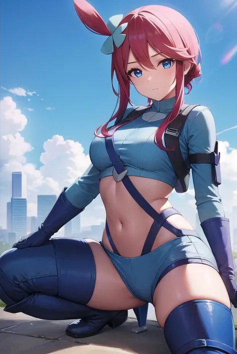 pokemonskyla, <lora:pokemonskyla-lora-nochekaiser:1>,
pokemonskyla, blue eyes, hair ornament, one side up, red hair, short hair with long locks, sidelocks,
BREAK blue footwear, blue gloves, blue jacket, blue shorts, boots, crop top, cropped jacket, gloves, jacket, midriff, navel, short shorts, shorts, thigh pouch,
BREAK looking at viewer, upper body, full body,
BREAK outdoors, city, sky, sun,
BREAK <lyco:GoodHands-beta2:1>, (masterpiece:1.2), best quality, high resolution, unity 8k wallpaper, (illustration:0.8), (beautiful detailed eyes:1.6), extremely detailed face, perfect lighting, extremely detailed CG, (perfect hands, perfect anatomy),