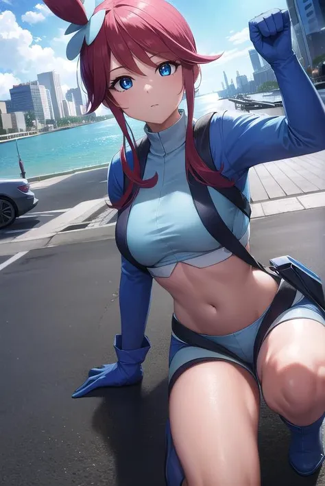 pokemonskyla, <lora:pokemonskyla-lora-nochekaiser:1>,
pokemonskyla, blue eyes, hair ornament, one side up, red hair, short hair with long locks, sidelocks,
BREAK blue footwear, blue gloves, blue jacket, blue shorts, boots, crop top, cropped jacket, gloves, jacket, midriff, navel, short shorts, shorts, thigh pouch,
BREAK looking at viewer, upper body, full body,
BREAK outdoors, city, sky, sun,
BREAK <lyco:GoodHands-beta2:1>, (masterpiece:1.2), best quality, high resolution, unity 8k wallpaper, (illustration:0.8), (beautiful detailed eyes:1.6), extremely detailed face, perfect lighting, extremely detailed CG, (perfect hands, perfect anatomy),