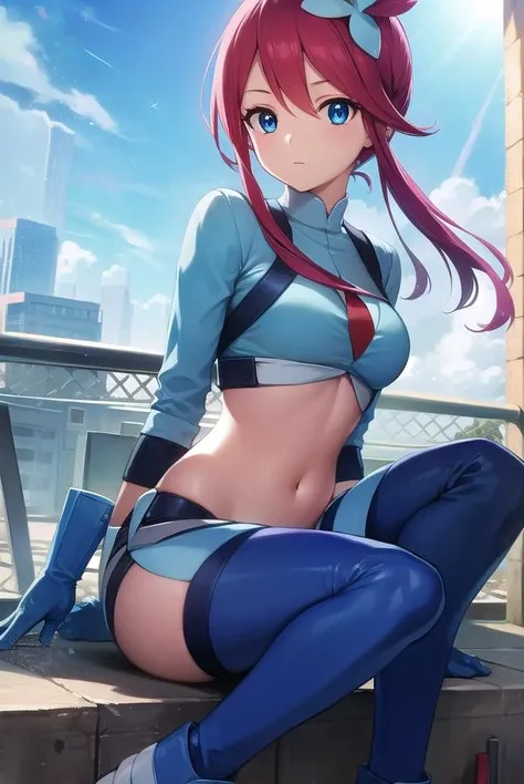 pokemonskyla, <lora:pokemonskyla-lora-nochekaiser:1>,
pokemonskyla, blue eyes, hair ornament, one side up, red hair, short hair with long locks, sidelocks,
BREAK blue footwear, blue gloves, blue jacket, blue shorts, boots, crop top, cropped jacket, gloves, jacket, midriff, navel, short shorts, shorts, thigh pouch,
BREAK looking at viewer, upper body, full body,
BREAK outdoors, city, sky, sun,
BREAK <lyco:GoodHands-beta2:1>, (masterpiece:1.2), best quality, high resolution, unity 8k wallpaper, (illustration:0.8), (beautiful detailed eyes:1.6), extremely detailed face, perfect lighting, extremely detailed CG, (perfect hands, perfect anatomy),
