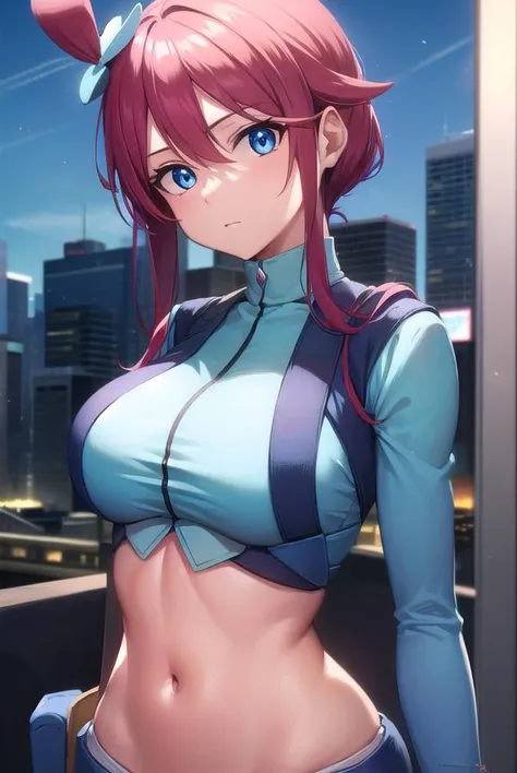 pokemonskyla, <lora:pokemonskyla-lora-nochekaiser:1>,
pokemonskyla, blue eyes, hair ornament, one side up, red hair, short hair with long locks, sidelocks,
BREAK blue footwear, blue gloves, blue jacket, blue shorts, boots, crop top, cropped jacket, gloves, jacket, midriff, navel, short shorts, shorts, thigh pouch,
BREAK looking at viewer, upper body, full body,
BREAK outdoors, city, sky, sun,
BREAK <lyco:GoodHands-beta2:1>, (masterpiece:1.2), best quality, high resolution, unity 8k wallpaper, (illustration:0.8), (beautiful detailed eyes:1.6), extremely detailed face, perfect lighting, extremely detailed CG, (perfect hands, perfect anatomy),
