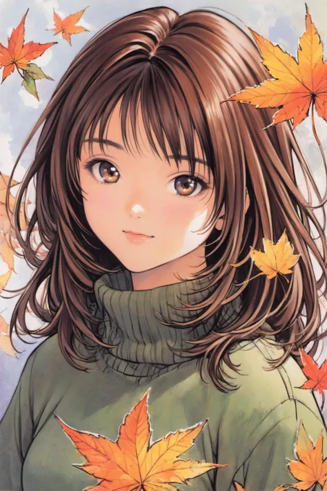 Yoshizuki iori,1girl,solo,brown eyes,sweater,brown hair,looking at viewer,leaf,autumn leaves,green sweater,long sleeves,upper body,bangs,autumn,sleeves past wrists,long hair,medium hair,maple leaf,traditional media,<lora:Katsura Masakazu_XL_V2:0.8>,