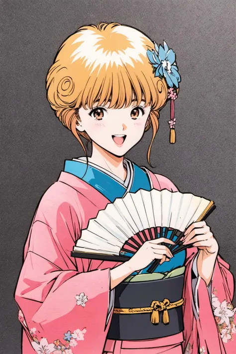 Ai Amano,1girl,solo,hand fan,blonde hair,japanese clothes,brown eyes,hair ornament,kimono,folding fan,flower,smile,open mouth,short hair,hair flower,white background,holding,simple background,traditional media,<lora:Katsura Masakazu_XL:0.8>,