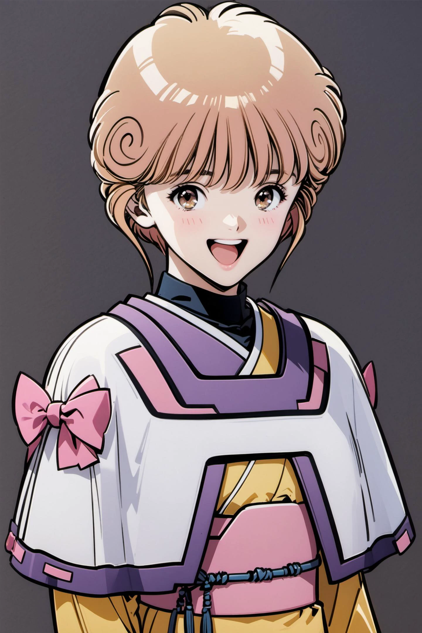 Ai Amano,1girl,solo,short hair,blonde hair,smile,open mouth,brown eyes,yellow short kimono white pantyhose white capelet pink obi pink bow,simple background,upper body,black background,<lora:Katsura Masakazu_XL_V2:0.9>,