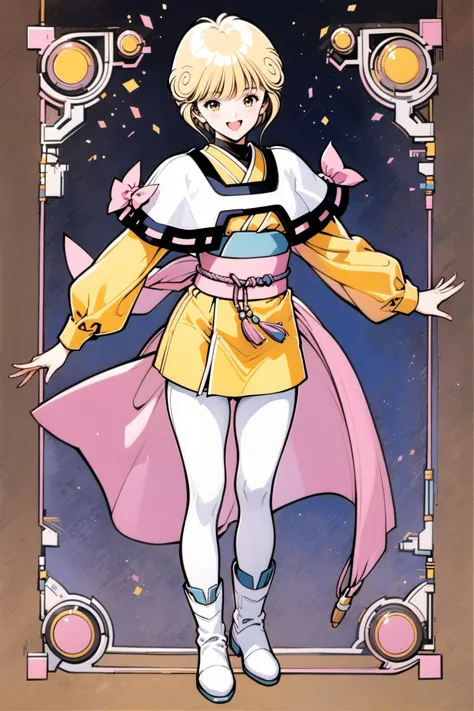 Ai Amano,solo,1girl,full body,short hair,brown eyes,white footwear,smile,open mouth,boots,looking at viewer,long sleeves,blonde hair,standing,yellow short kimono white pantyhose white capelet pink obi pink bow,traditional media,<lora:Katsura Masakazu_XL:0.8>,
