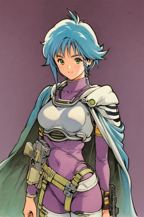 Karin Aoi,1girl,solo,weapon,gun,green eyes,side braid,handgun,short hair,blue hair,white hair,Purple_bodysuit_White_Pauldrons_White_breastplate_Asymmetrical_legwear_White_thighhighs_hood_down_Purple_Cape,upper body,traditional media,<lora:Katsura Masakazu_XL:0.8>,