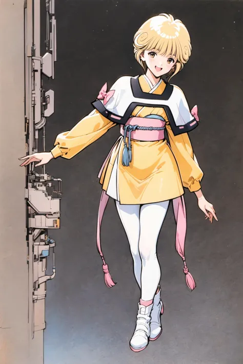 Ai Amano,solo,1girl,full body,short hair,brown eyes,white footwear,smile,open mouth,boots,looking at viewer,long sleeves,blonde hair,standing,yellow short kimono white pantyhose white capelet pink obi pink bow,traditional media,<lora:Katsura Masakazu_XL_V2:0.8>,