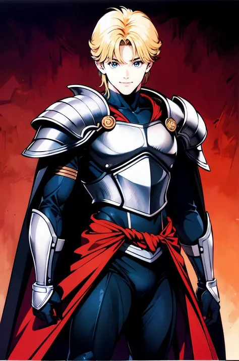 <lora:Katsura Masakazu_v3:0.8> black and red theme, black coat,, ultra detailed, masterpiece, best quality,, solo, smile, 1boy, blue eyes, medium blonde hair, parted bangs, hair intakes, male focus, muscular male,, armor, pauldrons, cuirass, gauntlets, waist cape, greaves, black bodysuit, surcoat, shoulder sash, wing shoulder armor, cape, pants,