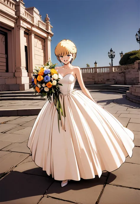 1girl, solo, Ai Amano, Video Girl Ai, short blonde hair, brown eyes, happy bride, wedding dress, flowers bouquet <lora:Katsura Masakazu_XL_V31:1>