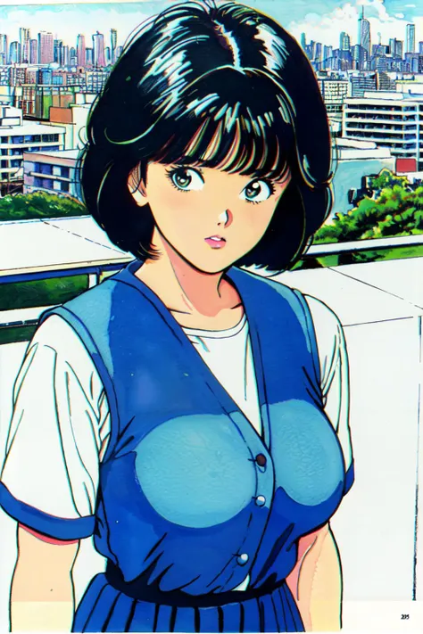 1girl, haruka, black hair, short hair, bangs, looking at viewer, huge breast, tank top, denim shorts,, (best quality, masterpiece:1.3)