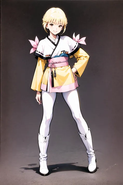 Ai Amano, solo, 1girl, full body, short hair, brown eyes,white footwear, smile, boots, looking at viewer, long sleeves, blonde hair, standing, yellow short kimono white pantyhose white capelet pink obi pink bow, simple background, <lora:Katsura Masakazu_v3:0.8>