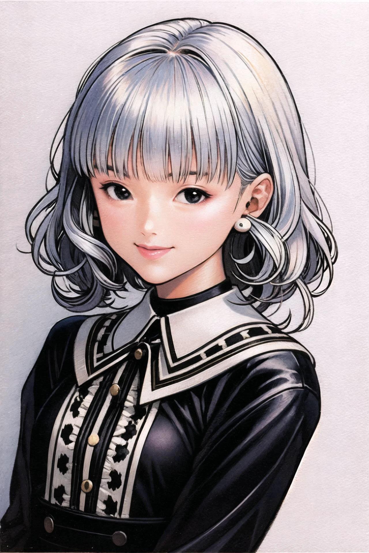 1girl, solo, white hair, smile, bangs, bow, looking at viewer, short hair, curly hair,blunt bangs,upper body, white background, black eyes, makeup, <lora:guizhenghe_64:0.8>