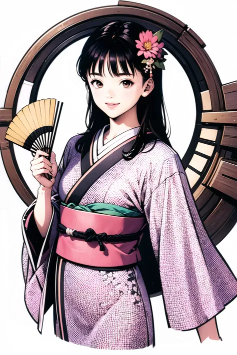 1girl, solo, hand fan, brown hair, japanese clothes, brown eyes, hair ornament, kimono, folding fan, flower, smile, very long hair, hair flower, white background, holding, simple background, <lora:Katsura Masakazu_v3:0.8>