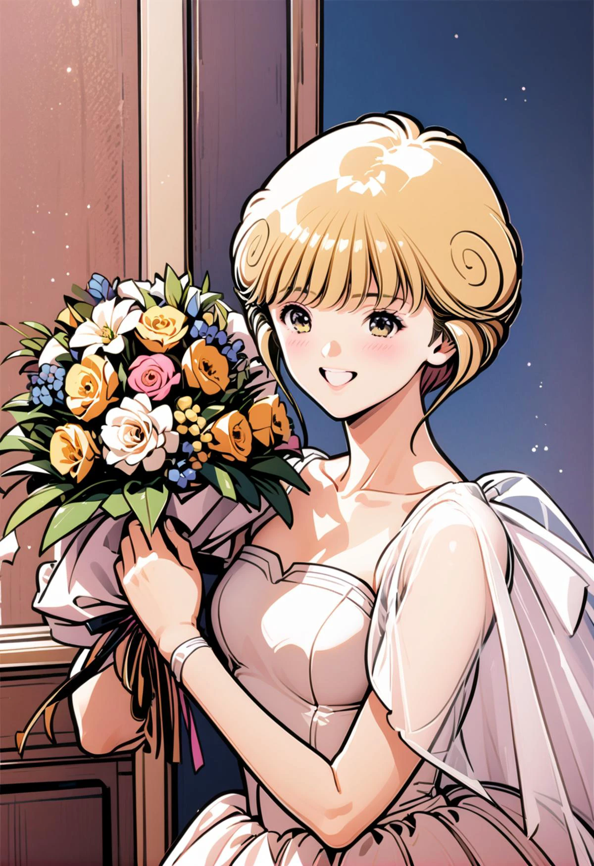 Closeup. 1girl, solo, Ai Amano, Video Girl Ai, short blonde hair, brown eyes, happy bride, wedding dress, flowers bouquet <lora:Katsura Masakazu_XL_V31:1>