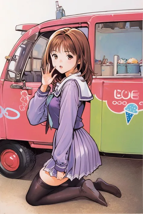 1girl,solo,Yoshizuki iori,bored expression, yawning, sitting beside ice cream truck, summer, brown hair,brown eyes,purple school uniform,white sailor collar,simple background,looking back,white background,looking at viewer,parted lips,pleated skirt,black thighhighs,long sleeves,traditional media:,<lora:Katsura Masakazu_XL:0.8>,